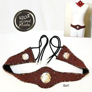 Artisan Tie Belt Natural Coral Mother of Pearl Wood Beaded White Red Brown Lined